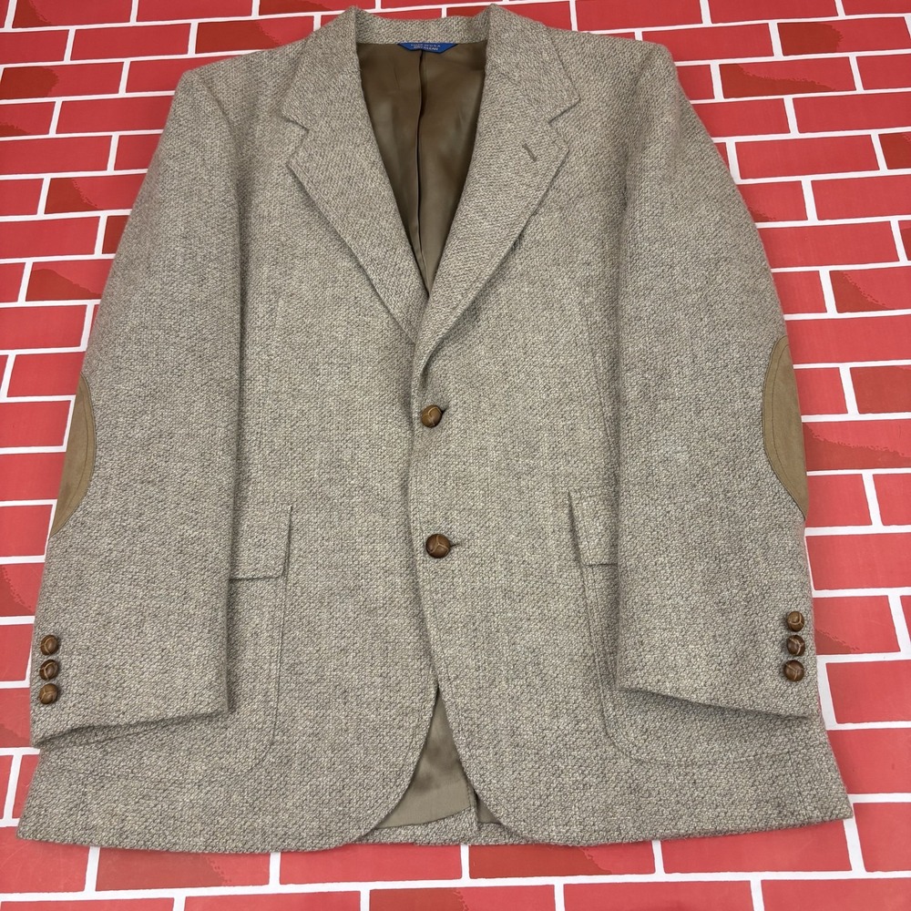 Pendleton Tweed Blazer Men's 42 Tan 100% Virgin Wool Suede Elbow Patches Vintage